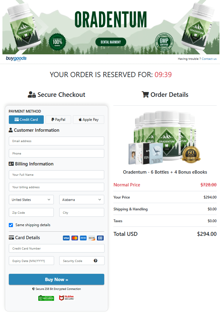 Oradentum checkout page